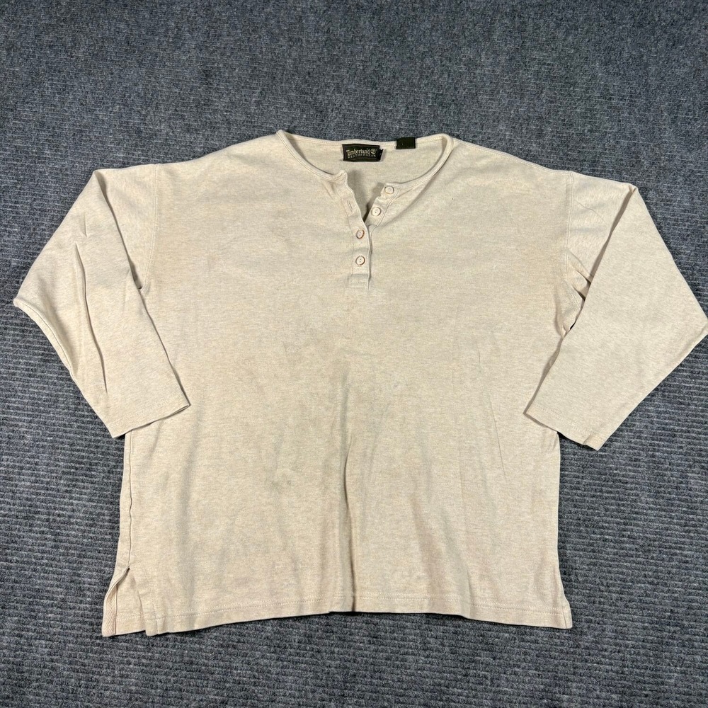 Vtg Timberland Weathergear Henley Top Women S Beige Good Long Sleeve Button Neck